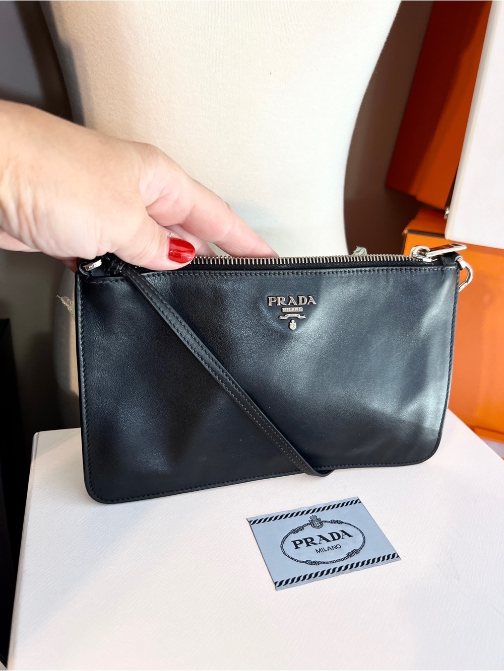 Prada Black & Silver Leather wristlet/pouch beige suede inside. 🌟Offers welcome! - Picture 7 of 14